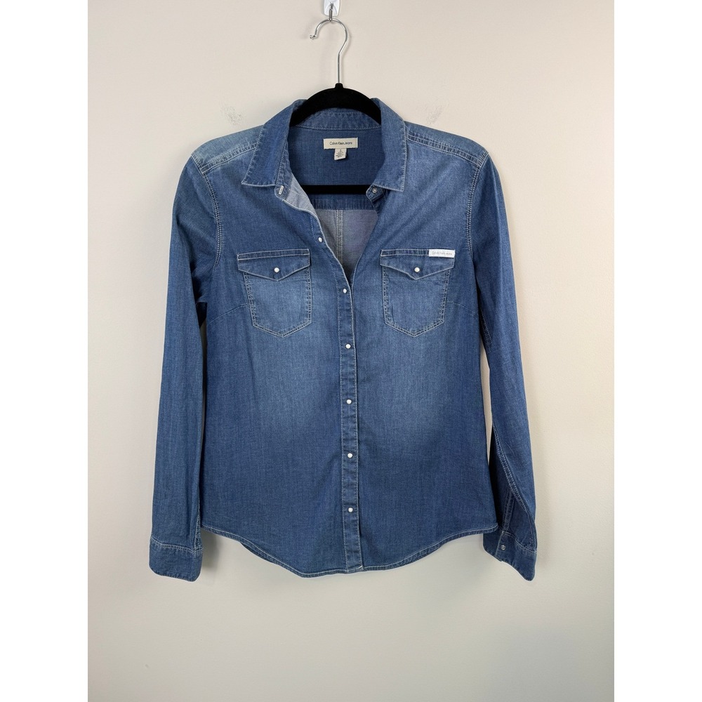 Calvin Klein Jeans Denim Shirt Women S Blue Snap Front Long Sleeve Vintage 90s